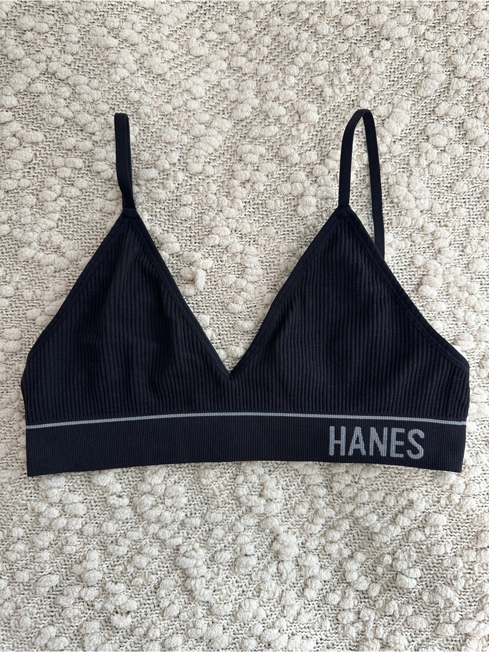 Hanes Originals Women Medium Black Seamless Ribbed Triangle Bralette Logo Band
